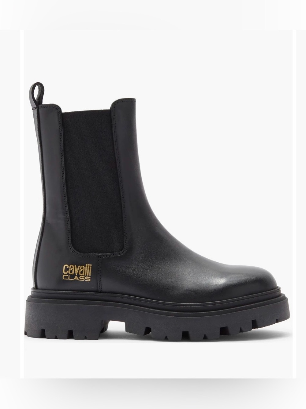 Cavalli Class Cortina Lug Chelsea Boots in Smooth Black Leather with Gold Logo